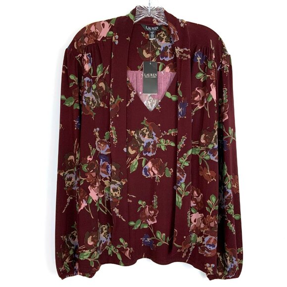 Lauren Ralph Lauren Tops - New Lauren Ralph Lauren Floral Stretch Jersey Tie-Neck Long Sleeve Blouse Sz XL